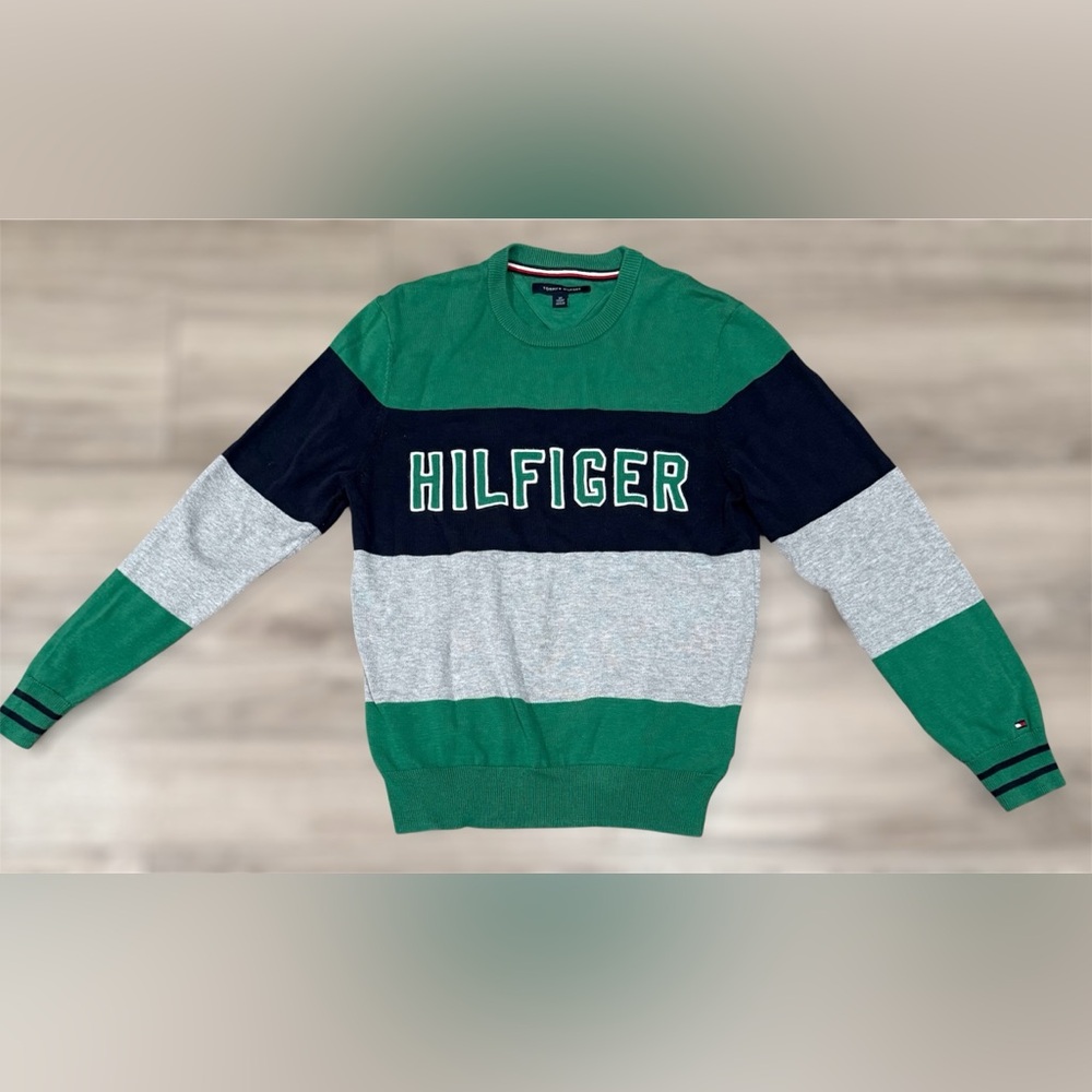 Tommy Hilfiger Logo Sweater Long Sleeve Green Blue Gray XS Preppy Swag